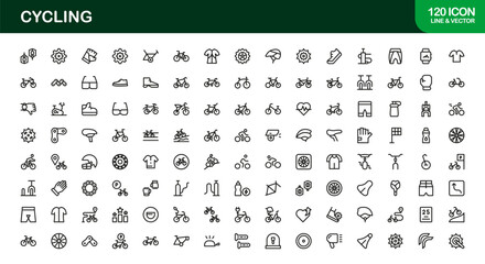 Cycling essentials line icon set featuring minimal, stylish, and versatile illustrations of biking, gear, helmets, and sports accessories