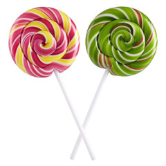 Colorful Spiral Lollipops in Raspberry and Lime Green with White Sticks on Transparent Background