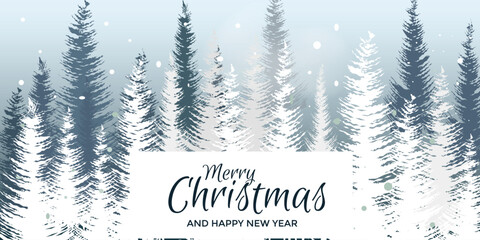 New year and Christmas greeting banner.  Forest, snow, text. Vector illustration
