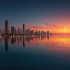 Fototapeta premium City skyline reflecting in water at sunset with vibrant colors.