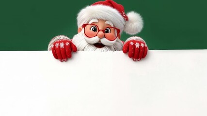 Cartoon santa with round glasses and red gloves barely visible above white panel against green background creating humorous christmas composition with copy space for playful seasonal text - Powered by Adobe