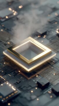 Digital Core: An abstract representation of a powerful central processing unit, the image shows the heart of technology, emitting a wispy cloud, symbolizing innovation and the future.