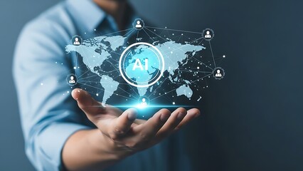 Businessman holding global ai network with map and connected users in hand.
