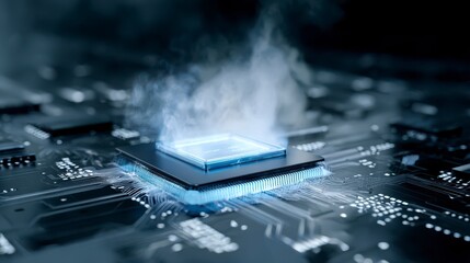 Tech Fusion: A close-up view unveils a futuristic computer processor, radiating with vibrant blue light, accompanied by ethereal vapor, showcasing the innovative essence of technology.
