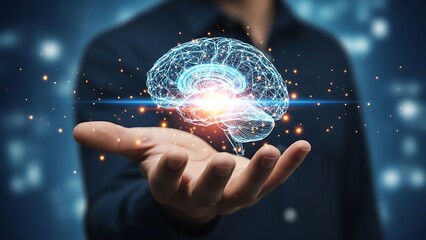 Digital glowing brain held by human hand, symbolizing ai, future, innovation.