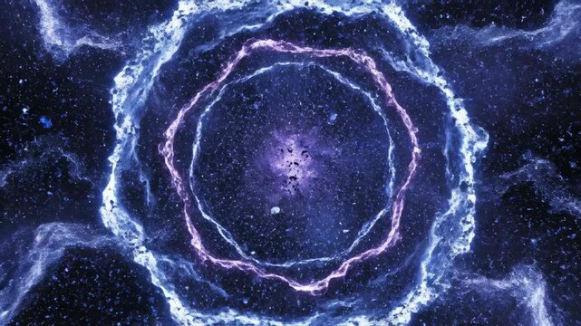 Vibrant blue and purple kinetic energy abstract spheres collide and instantly disperse flowing shockwaves across a dark void collision, liquid, motion