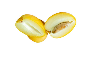 Fresh ripe yellow date palm fruit witth halves in stack isolated with clipping path in png file format Concept of iftar food in Ramadan for Muslims