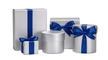 Assortment of white gift boxes with blue ribbons isolated on transparent background