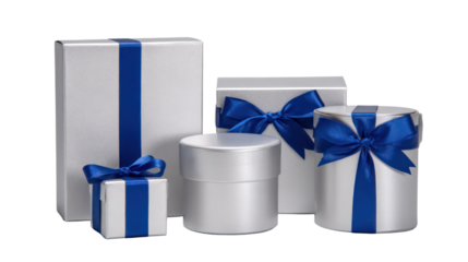 Assortment of white gift boxes with blue ribbons isolated on transparent background
