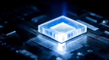 Microchip Innovation: A detailed view of a microchip showcases the complex and intricate design, with a glowing light highlighting its technological marvel.