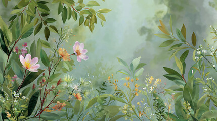 Serene Garden: A picturesque garden scene unfolds with a blend of delicate wildflowers, verdant leaves and tranquil ambiance, offering a refreshing respite.