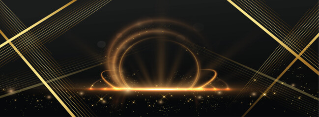 Abstract elegant golden circle with lighting effect diagonal scene sparkle on black background. Template premium award design.