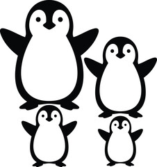Four stylized black and white penguin silhouettes of varying sizes standing together isolated on white background