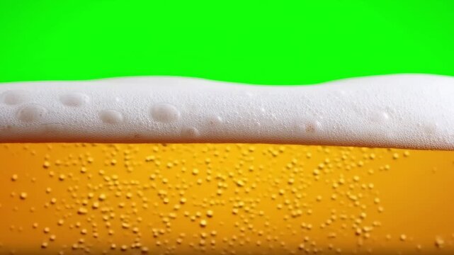 Detail of cold fresh beer on green screen background. Pouring Beer. Fragment of fresh beer with drops. Craft beer. Shallow depth of field with white foam chroma key