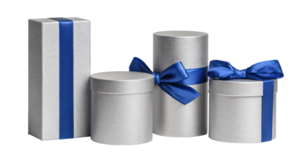 Four silver gift boxes with blue ribbons isolated on transparent background