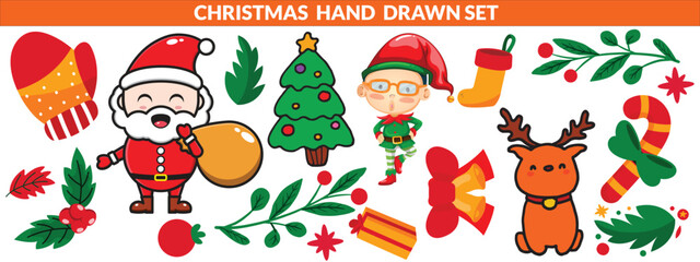 Christmas hand drawn cute vintage doodle elements. Christmas tree, gift, star, bows, candy cane, baubles, cacao, confetti, snowflake, holly. Holiday retro decorations. Vector illustration big set.