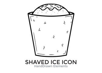 Hand-drawn illustration of shaved ice in a cup, topped with sprinkles, presented in a simple black and white line art style.