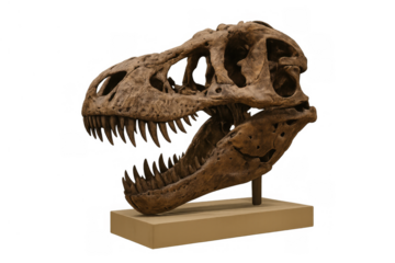Tyrannosaurus rex skull fossil on display, a large predatory dinosaur from the cretaceous period, transparent background