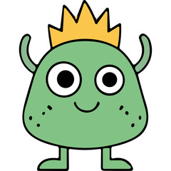 Cute Green Monster Character with Yellow Crown and Arms Raised on Black Background Simple Cartoon Style