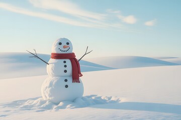 Smiling snowman wearing red scarf in snowy landscape with soft blue sky