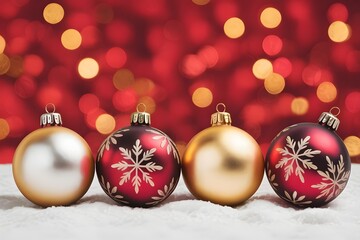 Four festive christmas baubles, two red with snowflakes, two gold and silver, resting on snow.