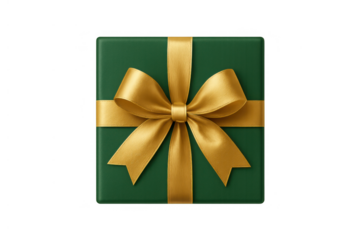 Green gift box with gold ribbon and bow, symbolizing celebration, birthday, christmas, and holiday giving on transparent background