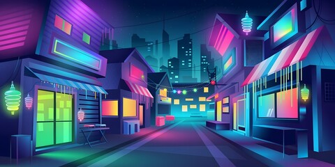 Neon cityscape at night with vibrant lights and modern architecture illustration