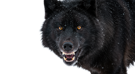 hyper-realistic black timber wolf lunging aggressively, mouth wide in a fierce snarl, glistening teeth, dramatic rim lighting, sharp focus on amber eyes against a transparent background, concept of