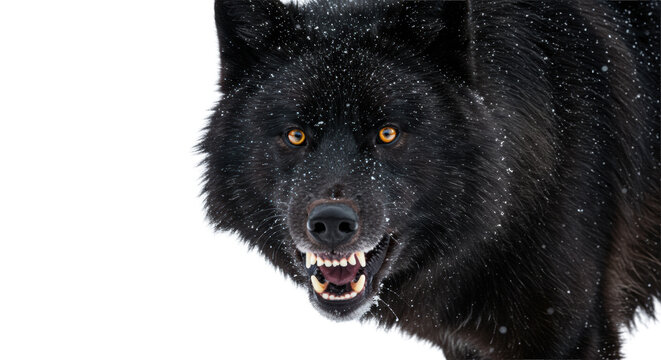 hyper-realistic black timber wolf lunging aggressively, mouth wide in a fierce snarl, glistening teeth, dramatic rim lighting, sharp focus on amber eyes against a transparent background, concept of
