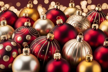 Vibrant red and gold christmas baubles scattered, festive holiday decoration detail