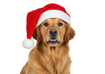 majestic golden retriever close-up, red velvet santa hat, sharp focus, detailed fur, warm eye contact, isolated on transparent background with rim light, festive pet portrait concept