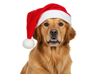 majestic golden retriever close-up, red velvet santa hat, sharp focus, detailed fur, warm eye contact, isolated on transparent background with rim light, festive pet portrait concept
