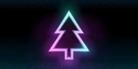 Neon christmas tree outline with purple and cyan lights on a dark grid background.