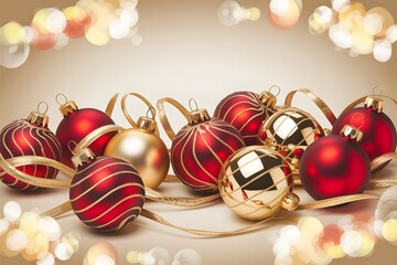 Festive arrangement of red and gold christmas ornaments with decorative ribbon
