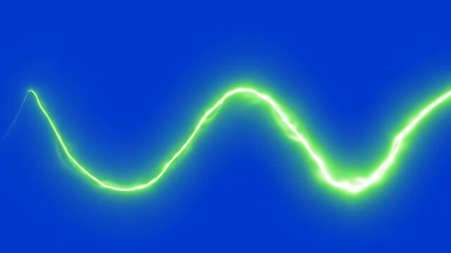 A single isolated electric green light trail elegantly drawing a smooth, wavy sine curve across a solid keyable chroma background suitable for compositing digital, clean, bright