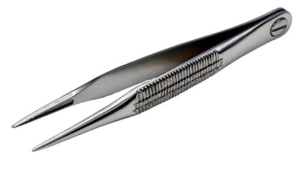 Stainless steel tweezers with sharp fine tip, high-detail metallic texture, clean professional medical tool style, perfect for surgery, beauty and lab concepts, isolated on transparent background