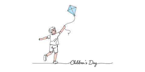 Continuous One-Line Art Illustration of a Happy Boy Flying a Kite on Children's Day. Minimalist, black and white vector sketch conveying freedom, joy, and childhood play.