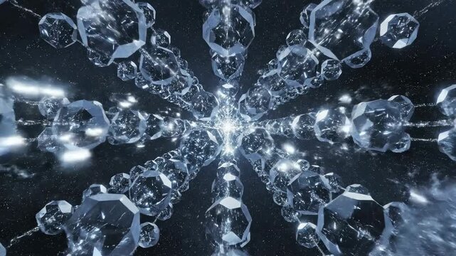 A technological matrix of crystalline geometric structures seamlessly looping while emitting rapid bright white glimmering pulses of light rapid, graphics, movement