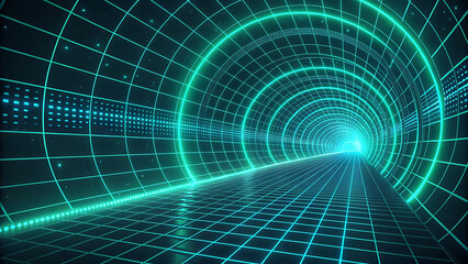 Abstract glowing green digital tunnel with grid lines representing cyberspace and technology