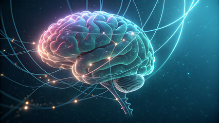 Digital representation of a human brain with glowing neural connections and data flow