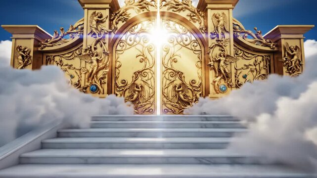 Golden heaven gate on cloudy staircase in paradise. Divine sky access with shining light and celestial clouds. Color of the year 2026