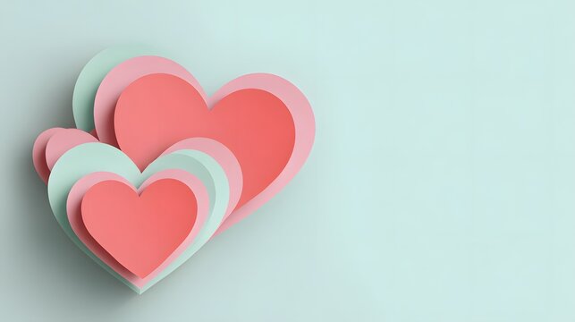 Pastel paper-cut Valentine background with layered hearts and soft shadows, clean empty space for text