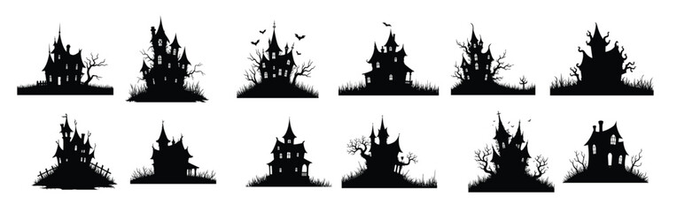 Black silhouette haunted houses and spooky trees collection