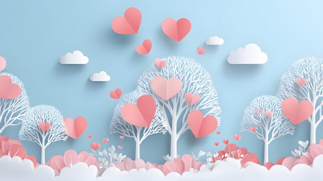 Soft minimalist paper-cut Valentine scenery with floating pastel hearts and blank area