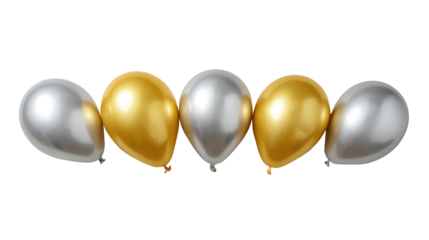 Row of gold and silver balloons isolated on transparent background