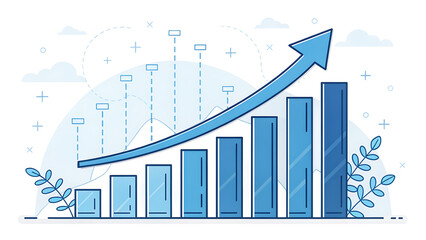 Blue bar chart with upward trending arrow showing business growth and success