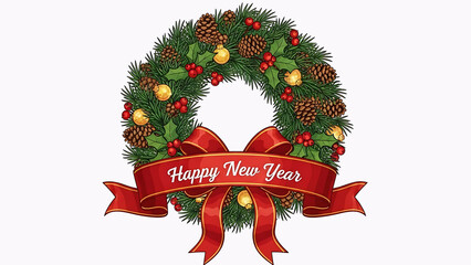 Isolated green pine Christmas wreath with a red ribbon bow, holly, and ornaments, perfect for holiday season decoration, frame, or gift