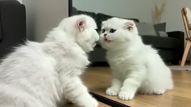 Two adorable white kittens sit on the floor, engrossed in their own little world as they gaze into each others eyes, capturing the playful and curious nature of feline friendship.