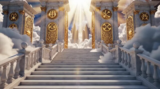 Grand staircase to heaven entrance with golden ornate gates among ethereal clouds and shining light, conceptual fantasy and spiritual journey. Color of the year 2026