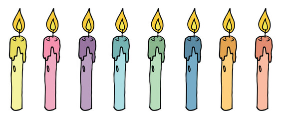Burning birthday candle set. Doodle illustration. Hand drawn clipart for card, logo, design
